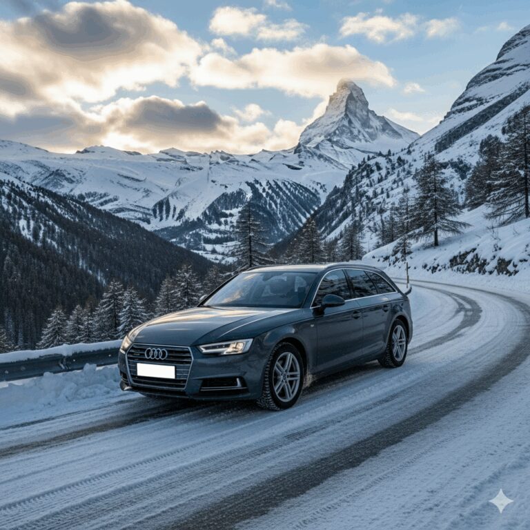 Image voiture roule sur route enneigée en Suisse