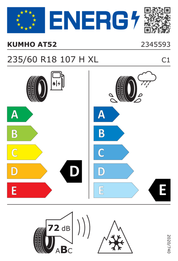 Étiquette UE 2345593 pour Kumho Road Venture AT52 235/60 R18 107H XL Kumho Road Venture AT52 235/60 R18 107H XL - Image 2
