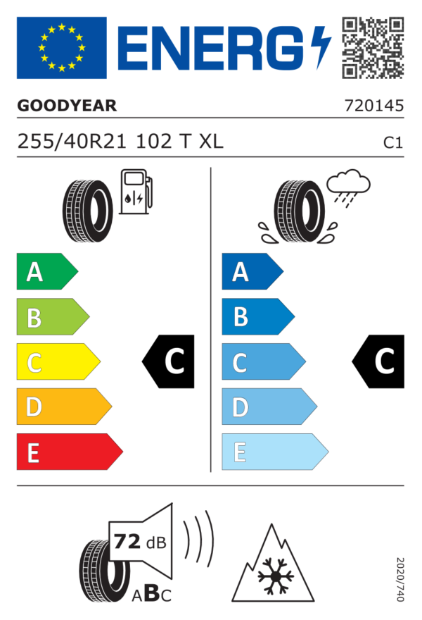 Étiquette UE 720145 pour Goodyear UltraGrip Performance 3 255/40 R21 102T XL EV Goodyear UltraGrip Performance 3 255/40 R21 102T XL EV - Image 2