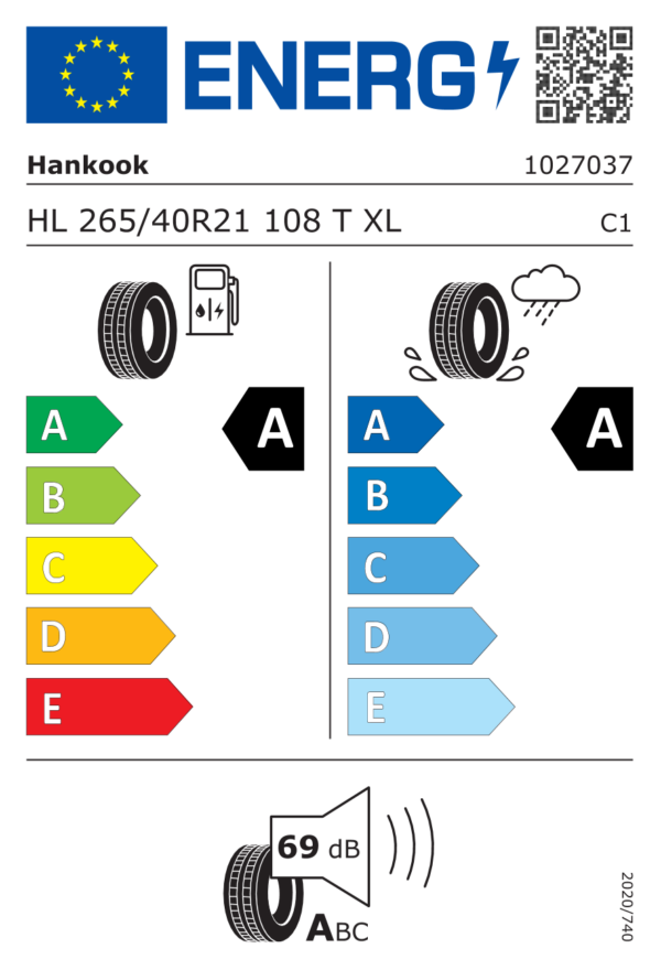 Étiquette UE 1027037 pour Hankook Ventus S1 evo 3 ev (K127E) 265/40 R21 108T XL Hankook Ventus S1 evo 3 ev (K127E) 265/40 R21 108T XL - Image 2